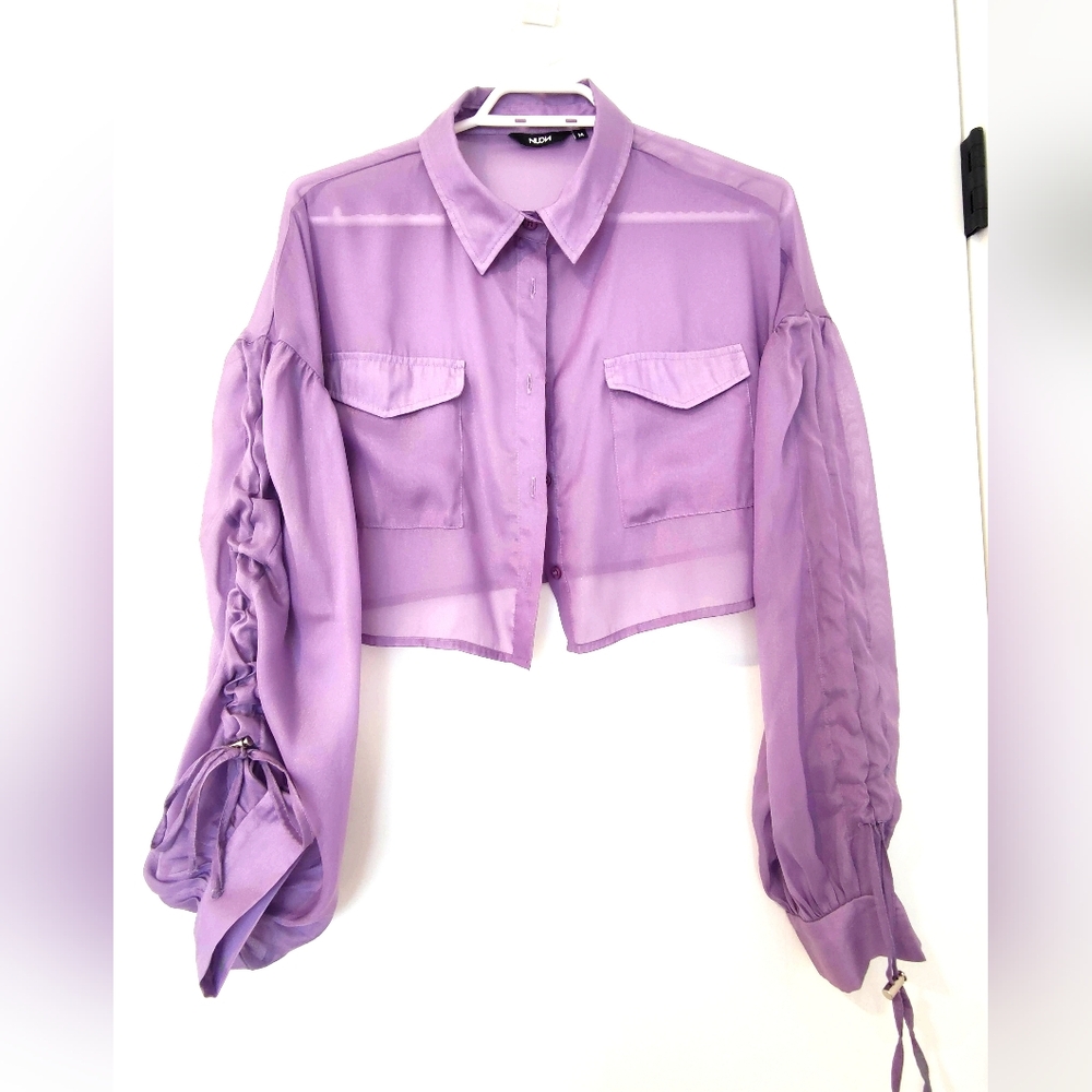 Womens* Blouse Cropped Sheer  • Statement Ruched Sleeves •(M)